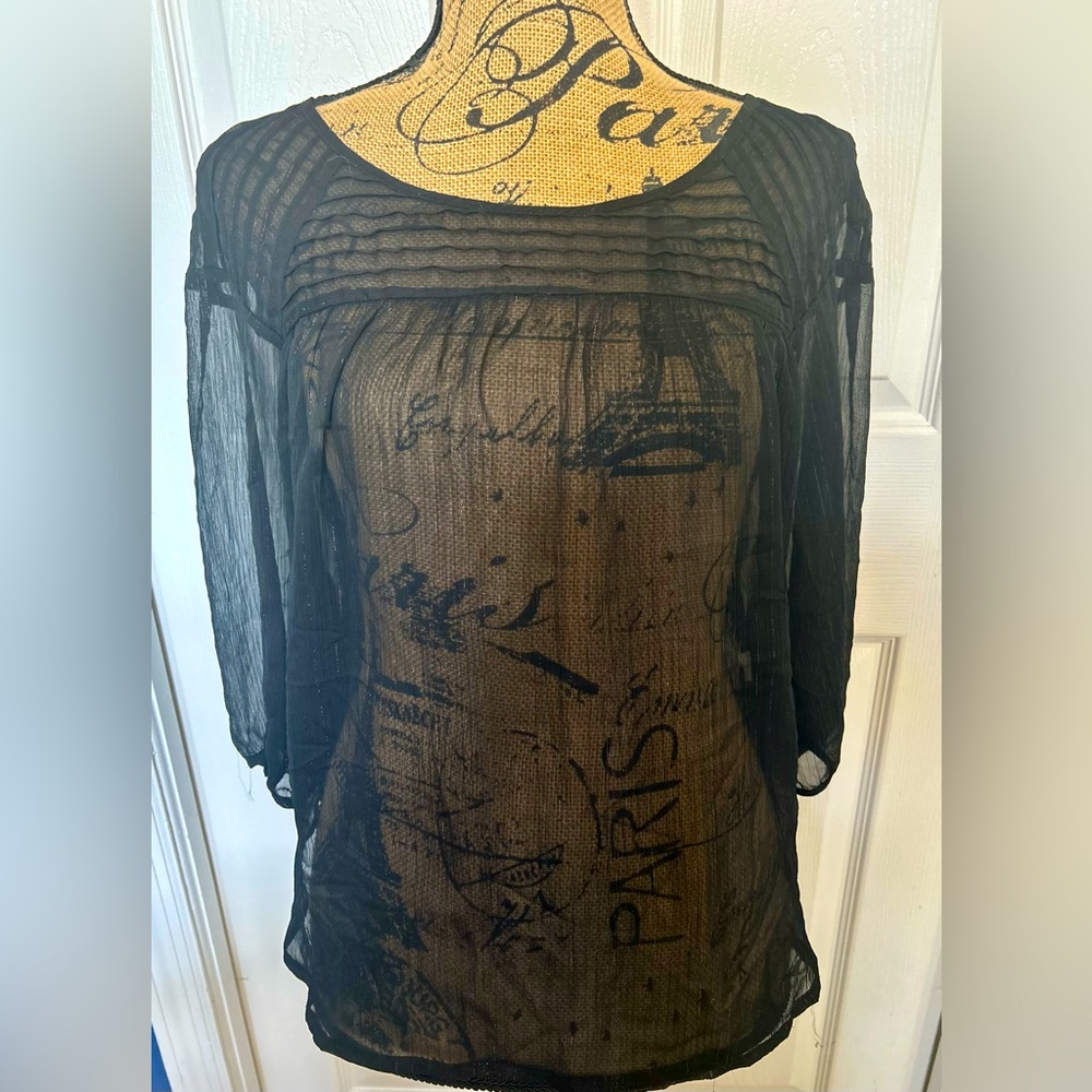 Sparkly Sheer Black Embroidered 3/4 Sleeve Top Blouse Shirt Size Medium See Pics